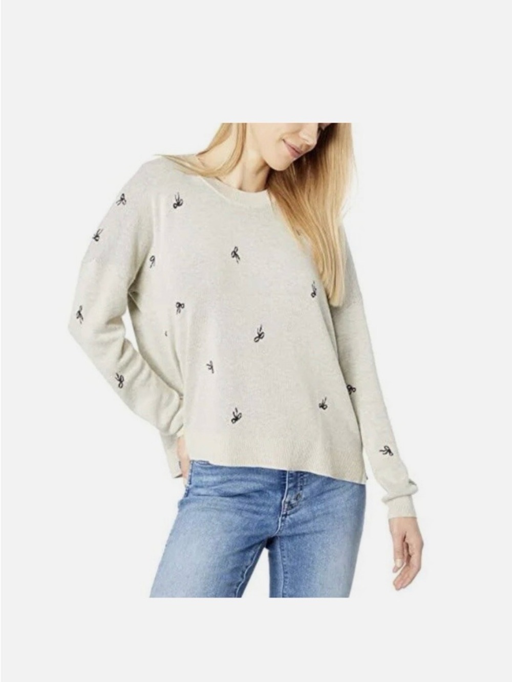 Madewell Light Gray Crewneck Sweater with Black Embroidery